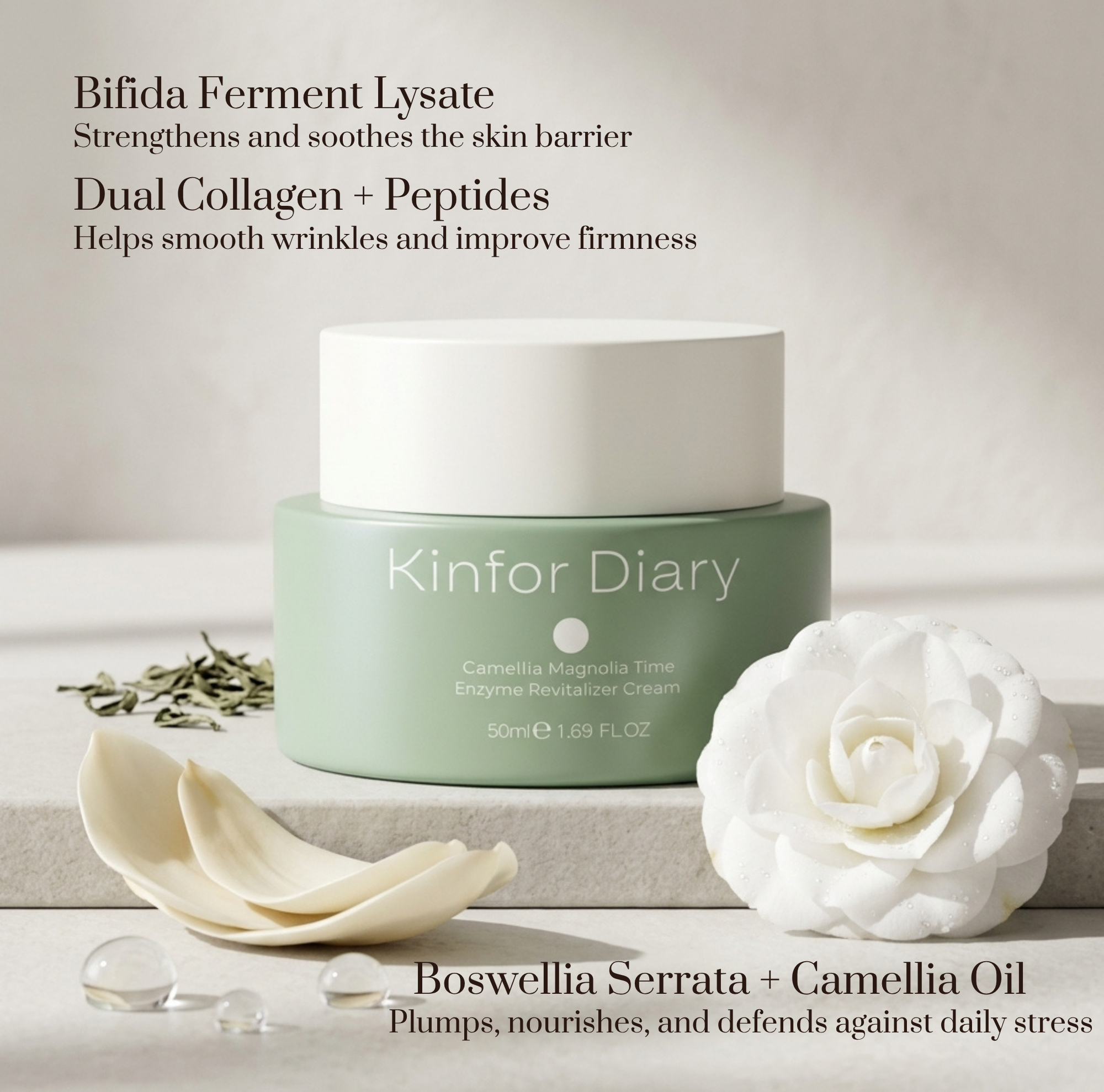 Kinfor Diary cream jar with floral elements on a neutral background