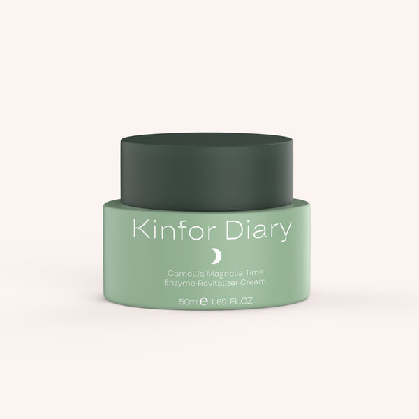 Green skincare product jar with 'Kinfor Diary' branding on a white background