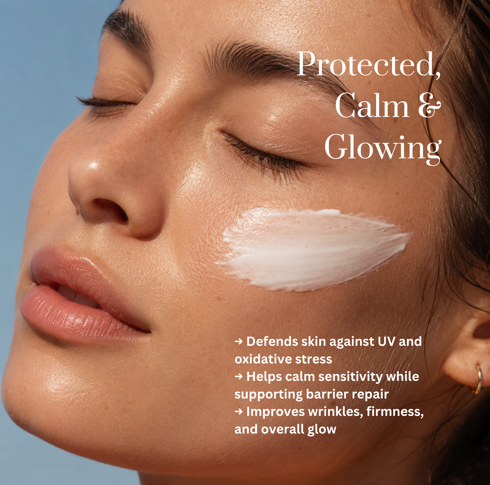 Woman's face with a skincare product application, text about product benefits on a blue background