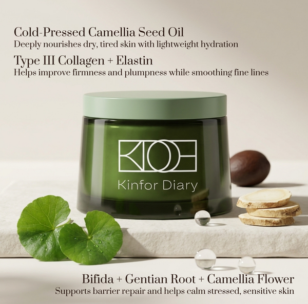 Green jar of Kinfor Diary cream with text about ingredients and benefits on a neutral background