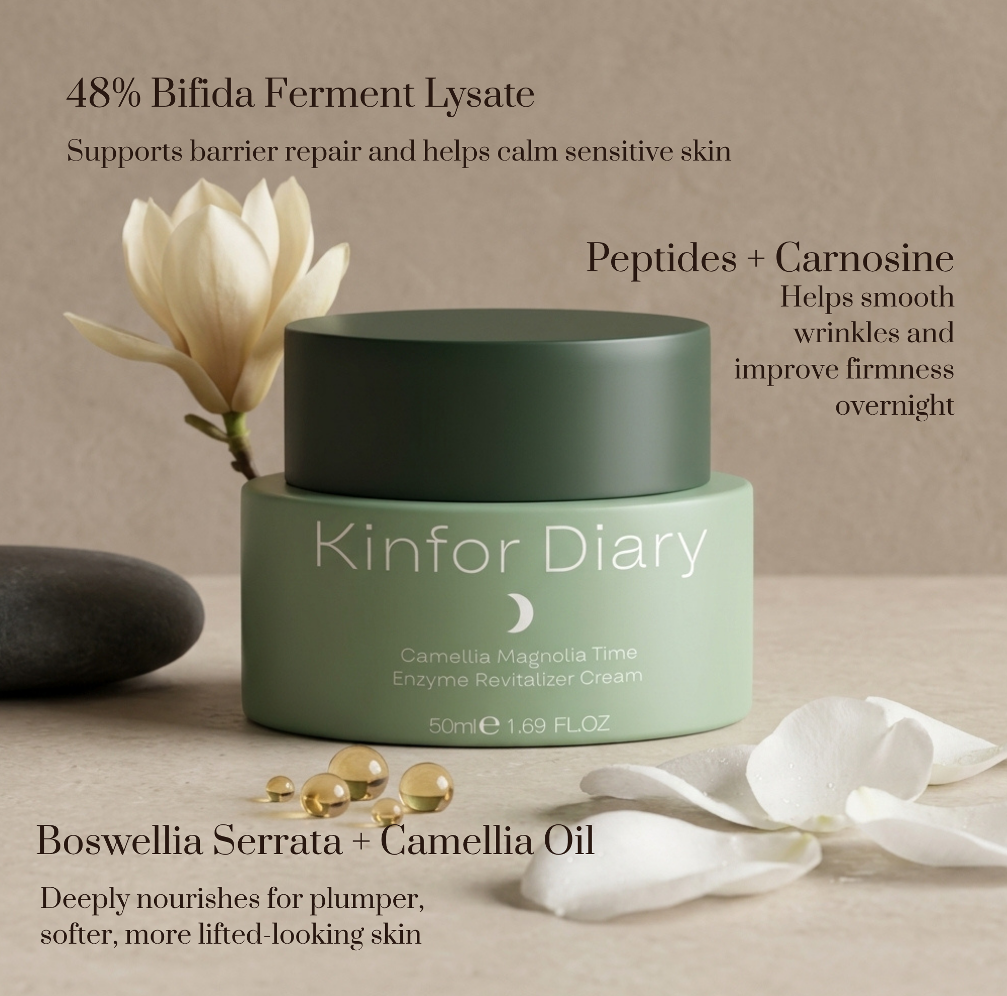 Green skincare jar with flowers and text on a beige background