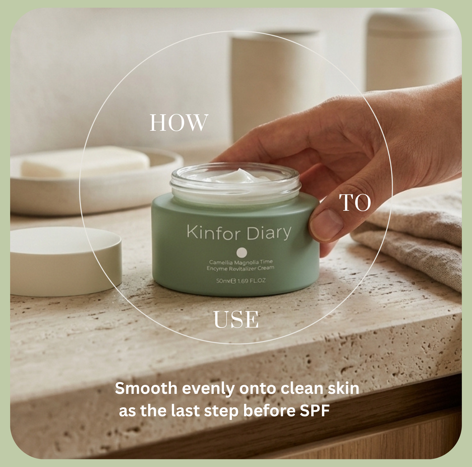 Hand holding a jar of Kinfor Diary cream with text on how to use it.