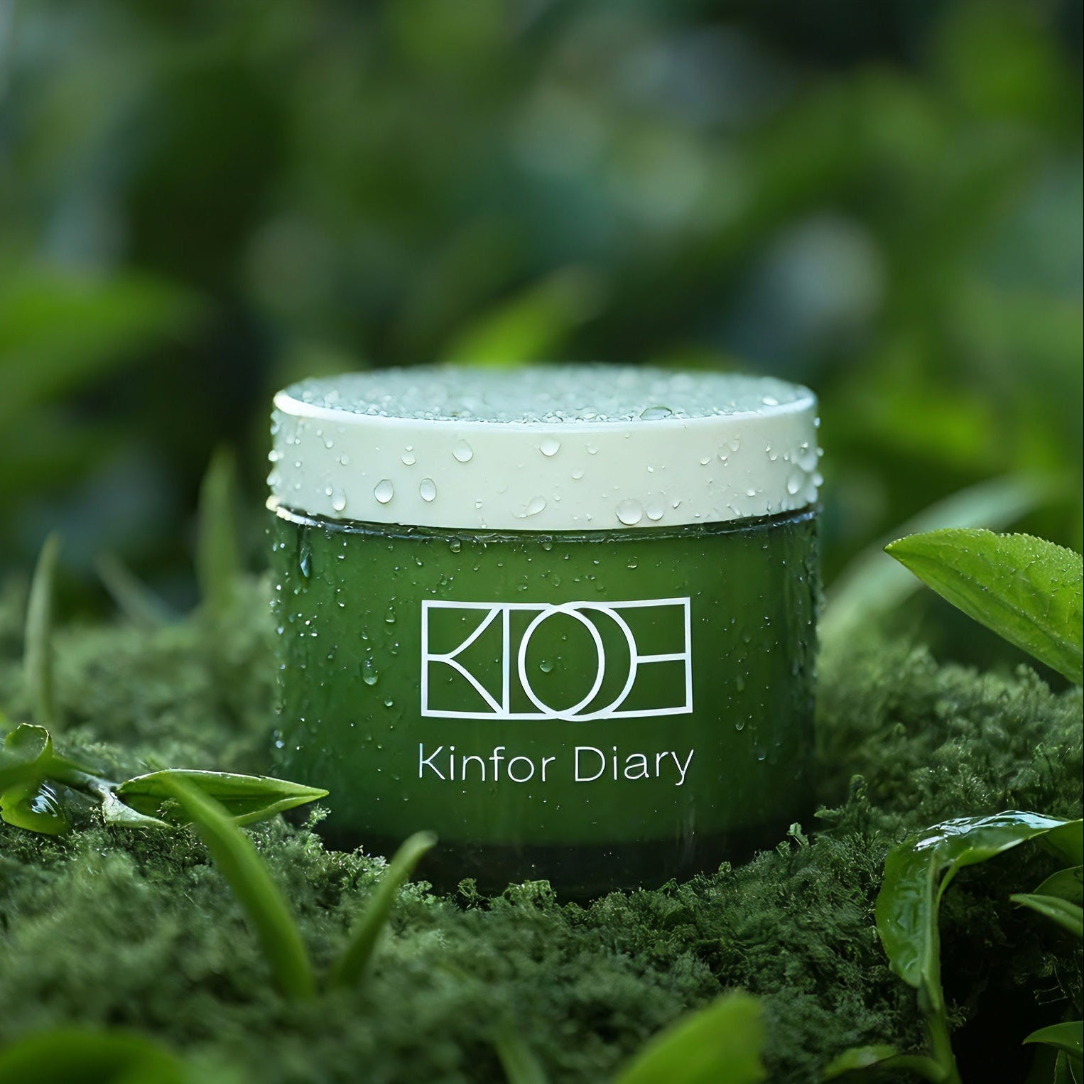 Green jar with a white lid labeled 'KINFOR DIARY' on a bed of green leaves.